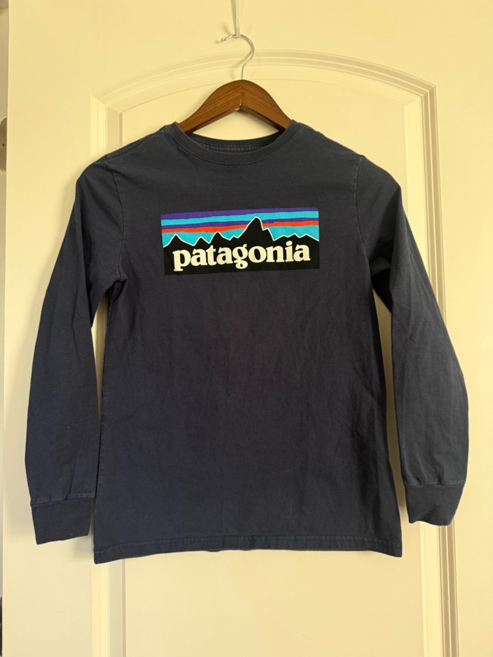 Patagonia Kids Long Sleeve Tee Navy with Multicolor Logo